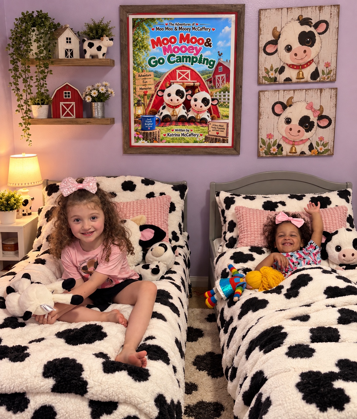 Isabella and Elena in their cow-themed bedroom