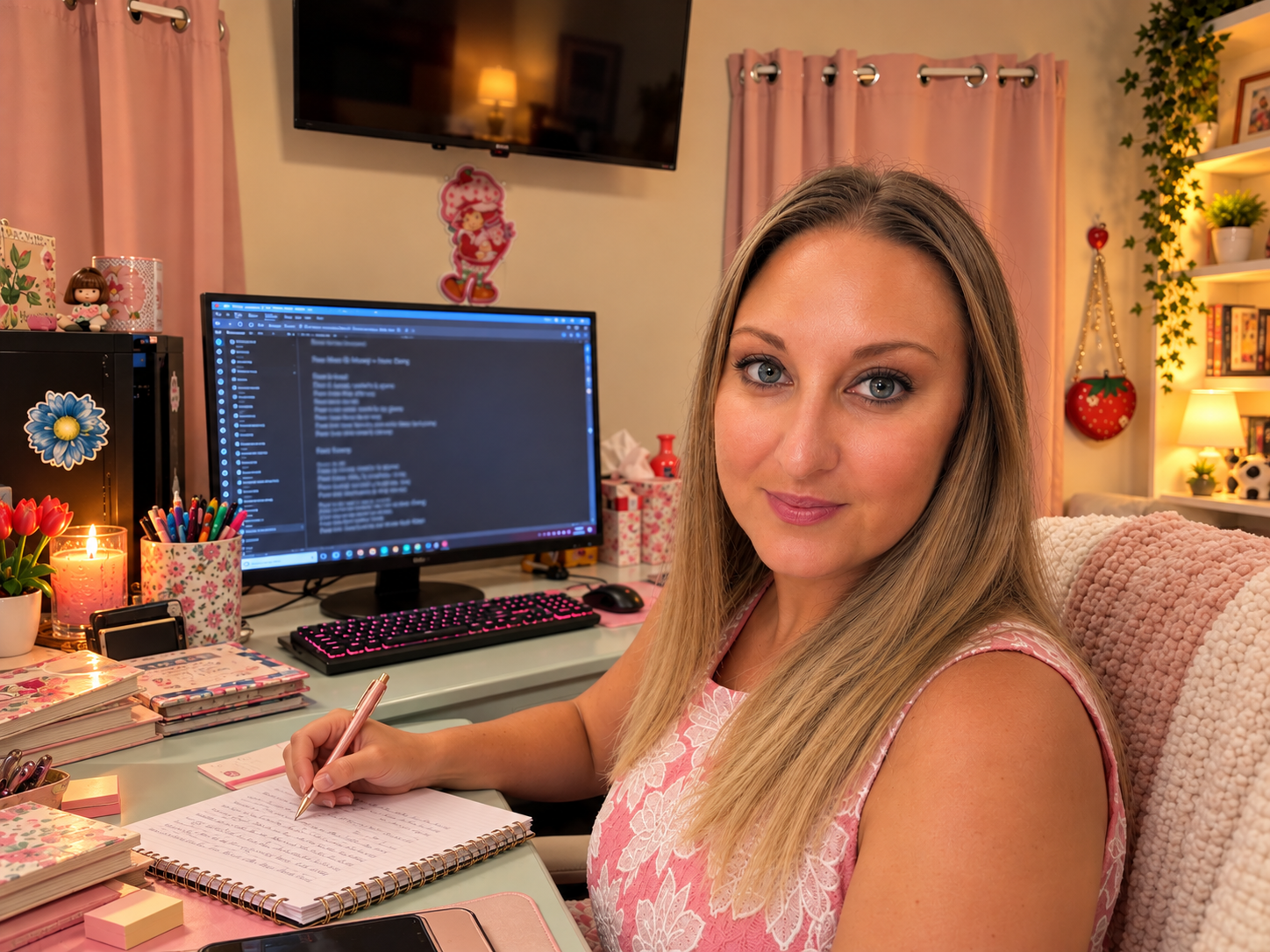Katrina Kitty McCaffery writing at her desk